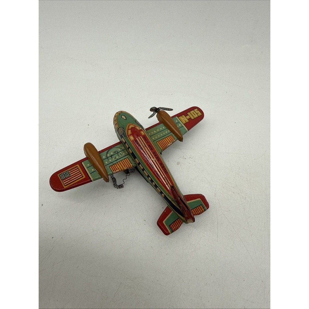 Vintage Japan Tin Litho Toy Airplane Wind Up Mechanism Missing 1 Propeller - Picture 3 of 10